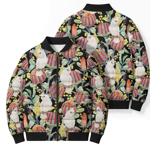 Little Corella Australia Cockatoo Bomber Puffer Jacket Cacatua Sanguinea Banksia Seamless Black - Aussie Hoodie