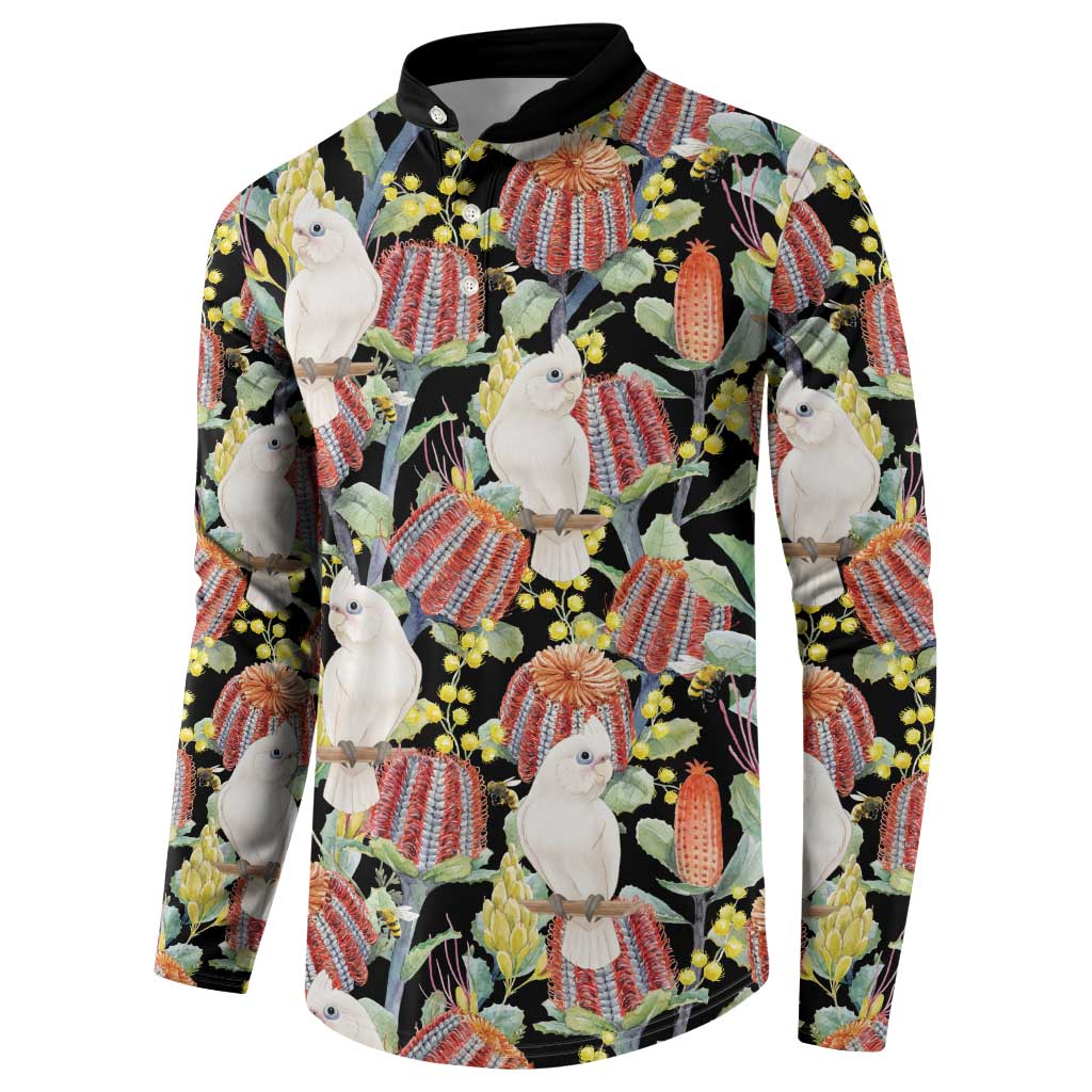 Little Corella Australia Cockatoo Button Sweatshirt Cacatua Sanguinea Banksia Seamless Black - Aussie Hoodie