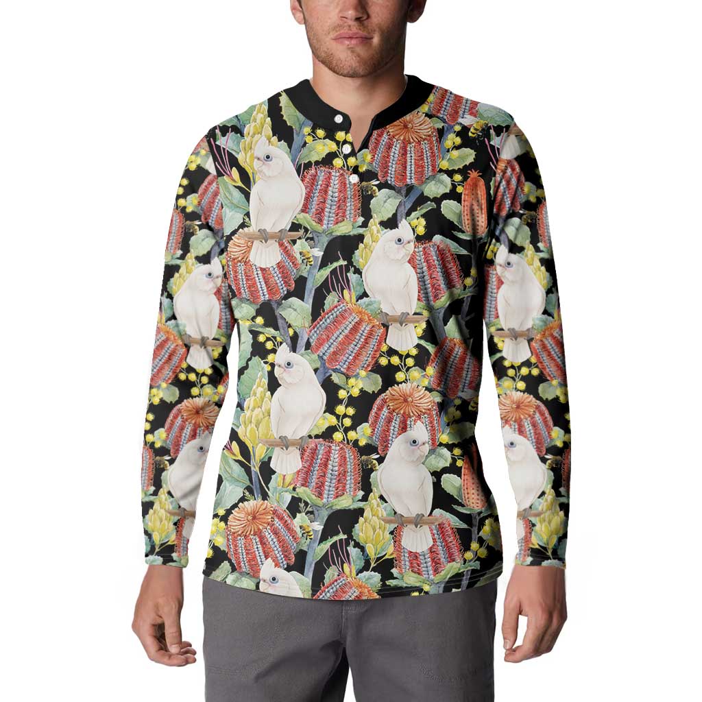 Little Corella Australia Cockatoo Button Sweatshirt Cacatua Sanguinea Banksia Seamless Black - Aussie Hoodie
