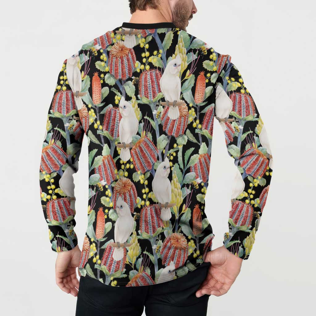 Little Corella Australia Cockatoo Button Sweatshirt Cacatua Sanguinea Banksia Seamless Black - Aussie Hoodie