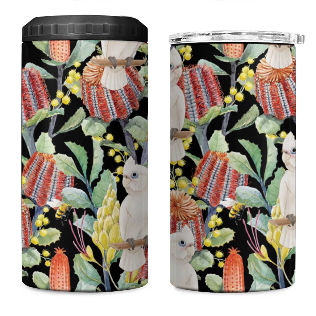Little Corella Australia Cockatoo 4 in 1 Can Cooler Tumbler Cacatua Sanguinea Banksia Seamless Black - Aussie Hoodie