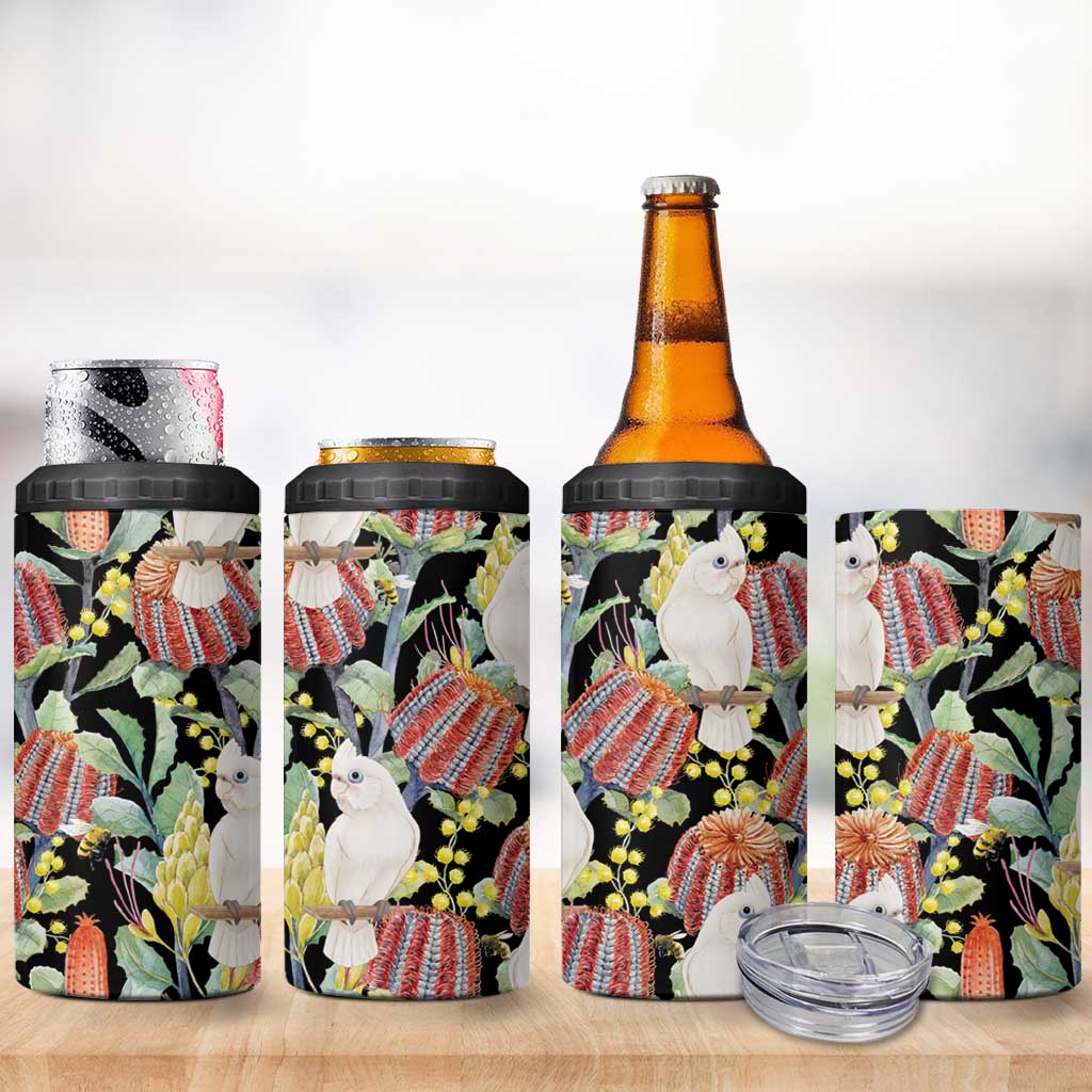 Little Corella Australia Cockatoo 4 in 1 Can Cooler Tumbler Cacatua Sanguinea Banksia Seamless Black - Aussie Hoodie