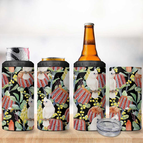 Little Corella Australia Cockatoo 4 in 1 Can Cooler Tumbler Cacatua Sanguinea Banksia Seamless Black - Aussie Hoodie