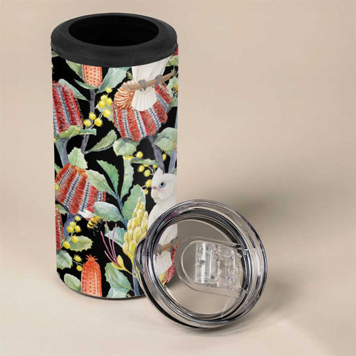 Little Corella Australia Cockatoo 4 in 1 Can Cooler Tumbler Cacatua Sanguinea Banksia Seamless Black - Aussie Hoodie