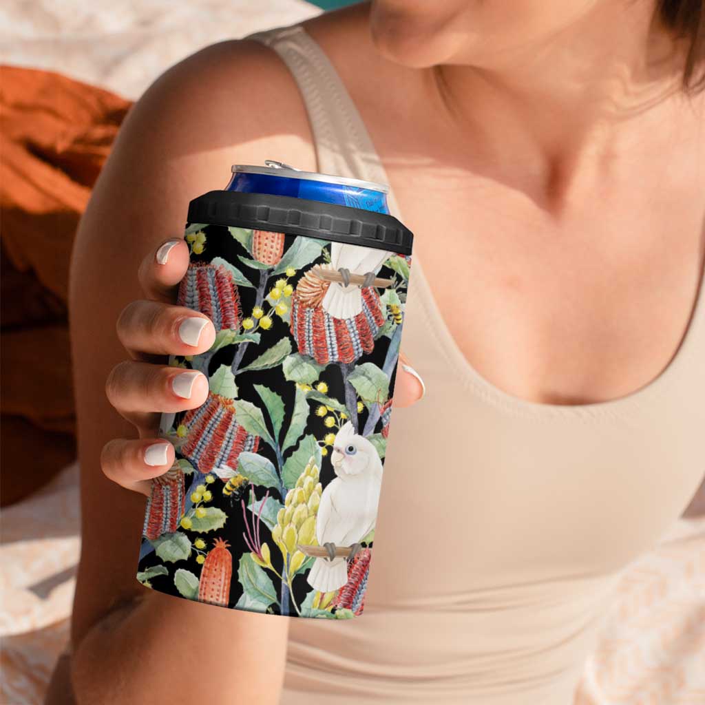 Little Corella Australia Cockatoo 4 in 1 Can Cooler Tumbler Cacatua Sanguinea Banksia Seamless Black - Aussie Hoodie