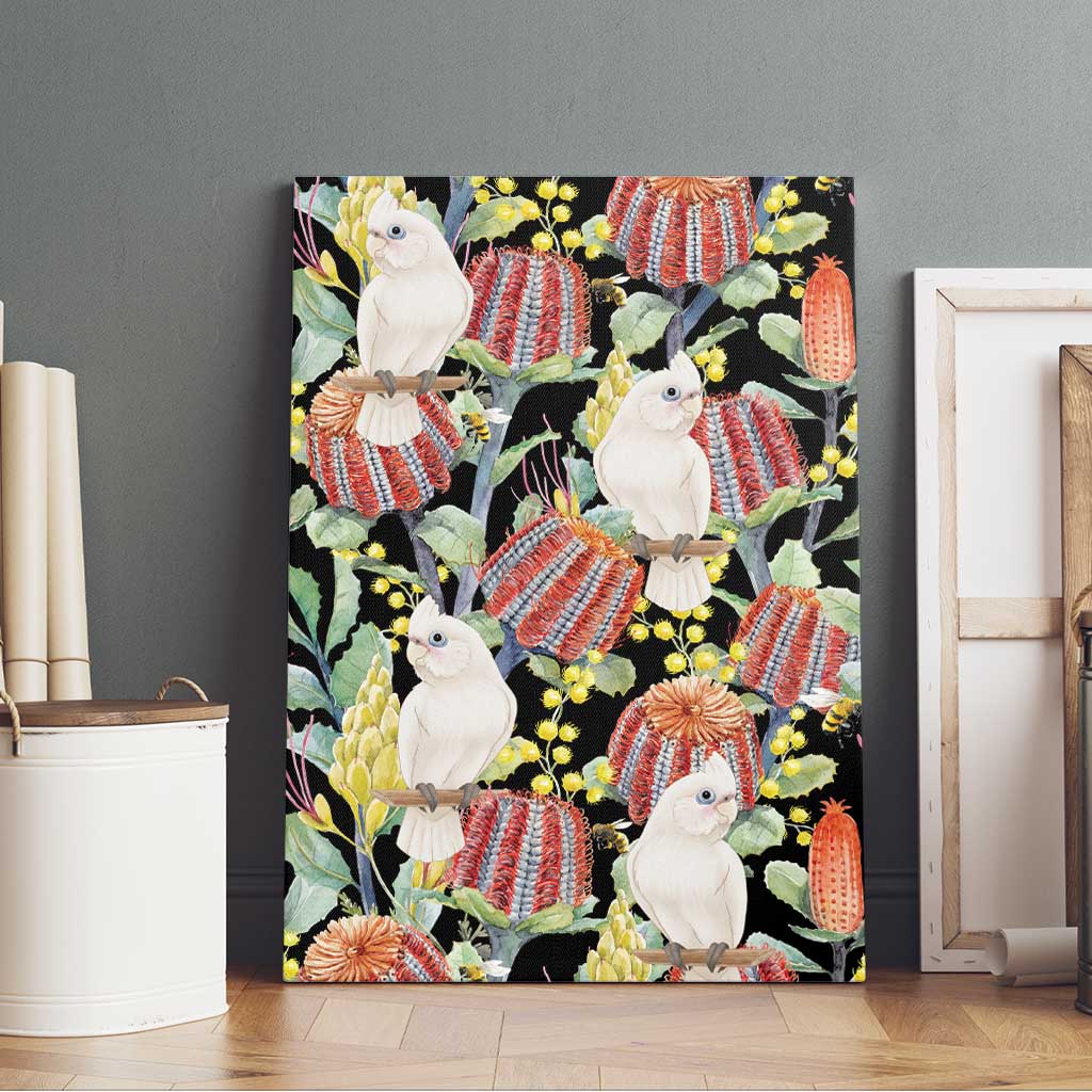 Little Corella Australia Cockatoo Canvas Wall Art Cacatua Sanguinea Banksia Seamless Black - Aussie Hoodie