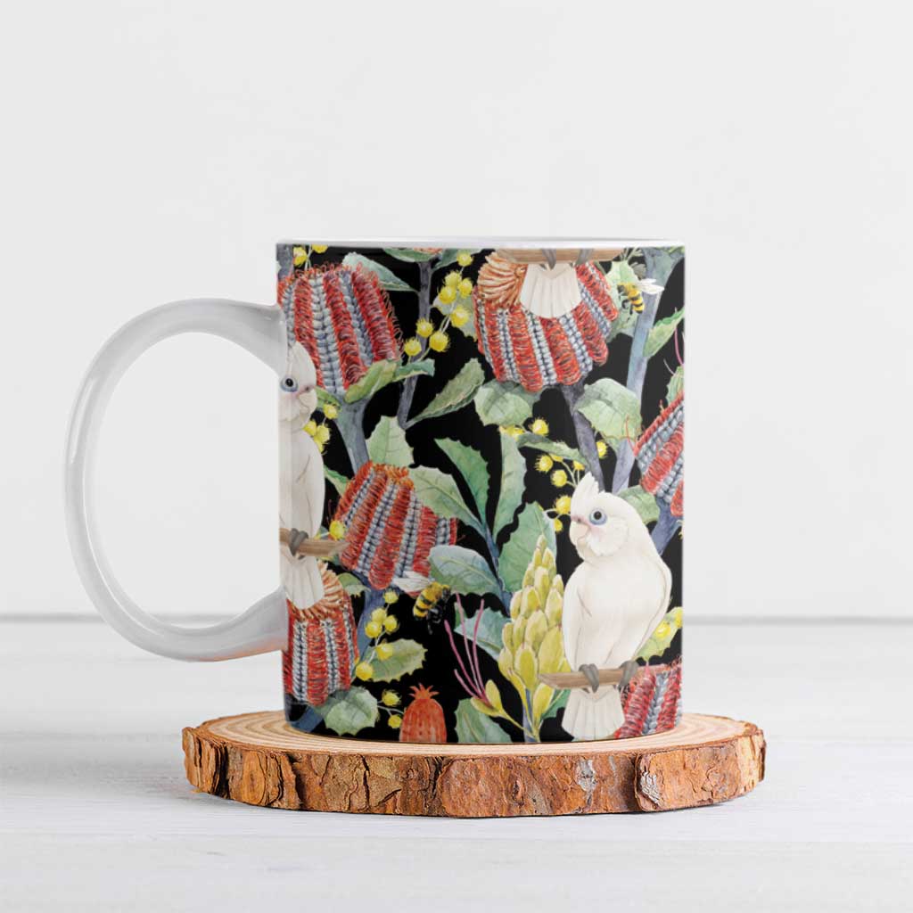 Little Corella Australia Cockatoo Ceramic Mug Cacatua Sanguinea Banksia Seamless Black - Aussie Hoodie