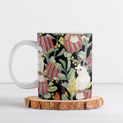 Little Corella Australia Cockatoo Ceramic Mug Cacatua Sanguinea Banksia Seamless Black - Aussie Hoodie