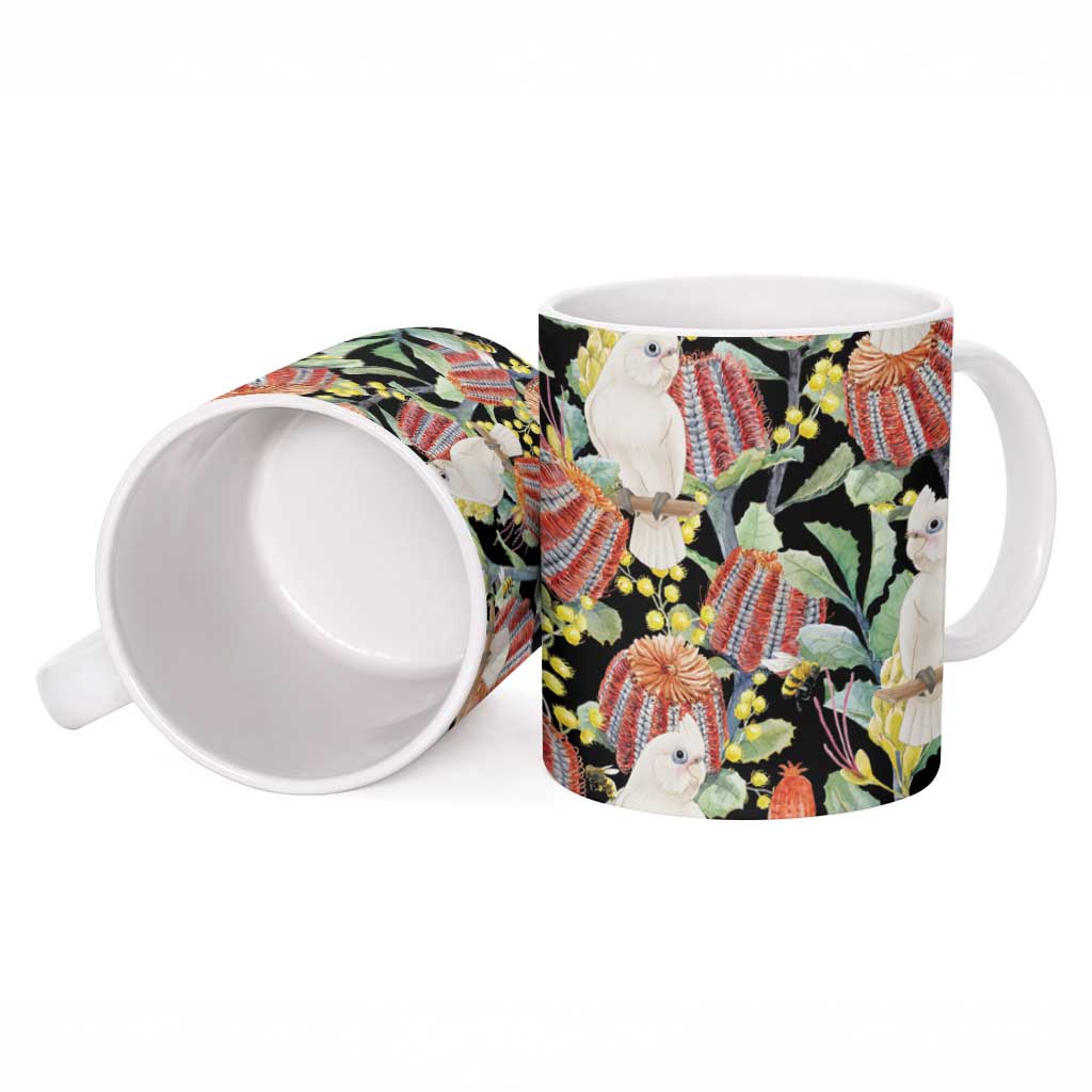 Little Corella Australia Cockatoo Ceramic Mug Cacatua Sanguinea Banksia Seamless Black - Aussie Hoodie