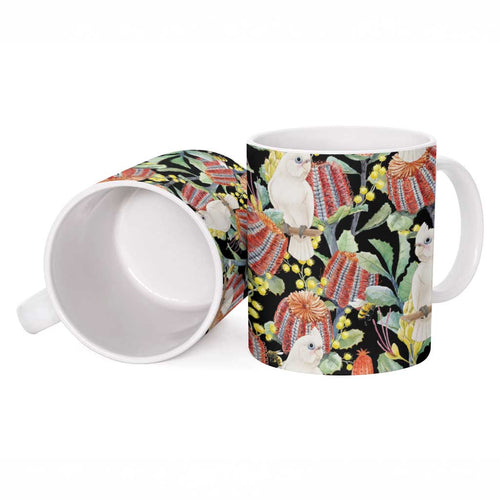 Little Corella Australia Cockatoo Ceramic Mug Cacatua Sanguinea Banksia Seamless Black - Aussie Hoodie