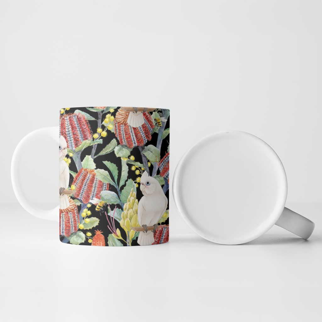 Little Corella Australia Cockatoo Ceramic Mug Cacatua Sanguinea Banksia Seamless Black - Aussie Hoodie