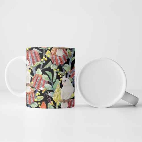 Little Corella Australia Cockatoo Ceramic Mug Cacatua Sanguinea Banksia Seamless Black - Aussie Hoodie