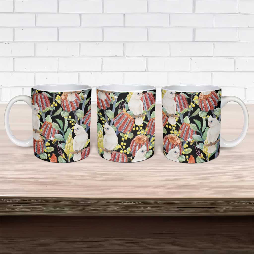 Little Corella Australia Cockatoo Ceramic Mug Cacatua Sanguinea Banksia Seamless Black - Aussie Hoodie