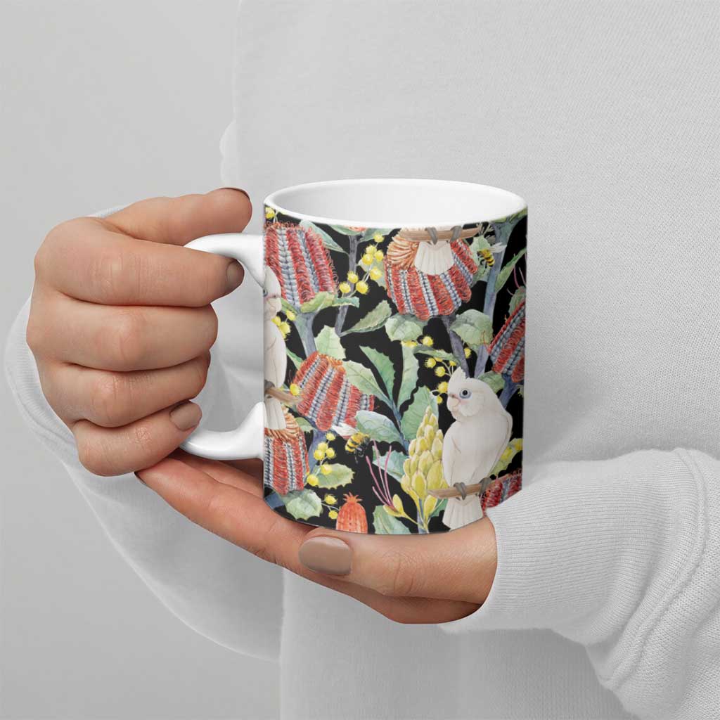 Little Corella Australia Cockatoo Ceramic Mug Cacatua Sanguinea Banksia Seamless Black - Aussie Hoodie