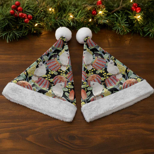 Little Corella Australia Cockatoo Christmas Santa Hat Cacatua Sanguinea Banksia Seamless Black - Aussie Hoodie