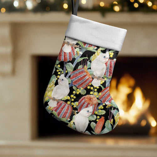 Little Corella Australia Cockatoo Christmas Stocking Cacatua Sanguinea Banksia Seamless Black - Aussie Hoodie