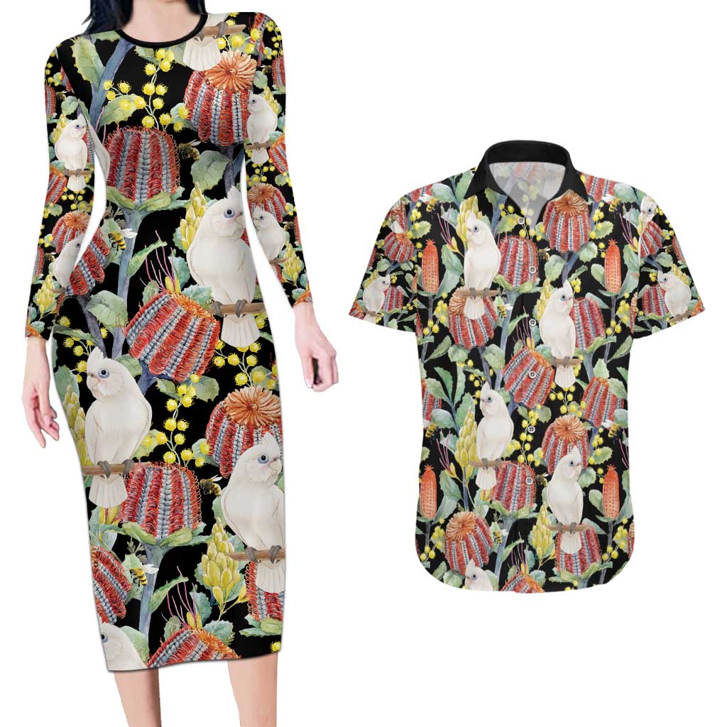 Little Corella Australia Cockatoo Couples Matching Long Sleeve Bodycon Dress and Hawaiian Shirt Cacatua Sanguinea Banksia Seamless Black - Aussie Hoodie
