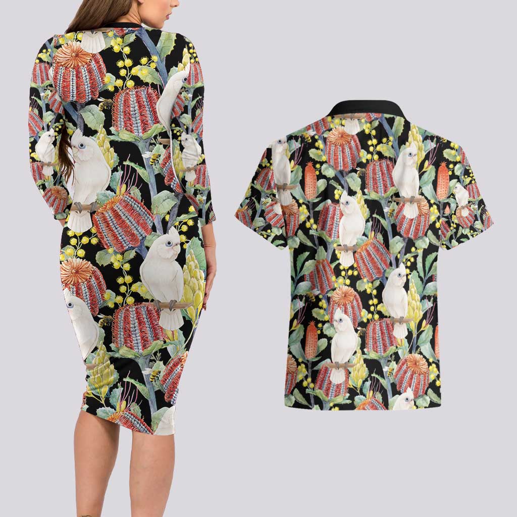 Little Corella Australia Cockatoo Couples Matching Long Sleeve Bodycon Dress and Hawaiian Shirt Cacatua Sanguinea Banksia Seamless Black - Aussie Hoodie