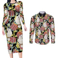 Little Corella Australia Cockatoo Couples Matching Long Sleeve Bodycon Dress and Long Sleeve Button Shirt Cacatua Sanguinea Banksia Seamless Black - Aussie Hoodie