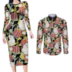 Little Corella Australia Cockatoo Couples Matching Long Sleeve Bodycon Dress and Long Sleeve Button Shirt Cacatua Sanguinea Banksia Seamless Black - Aussie Hoodie