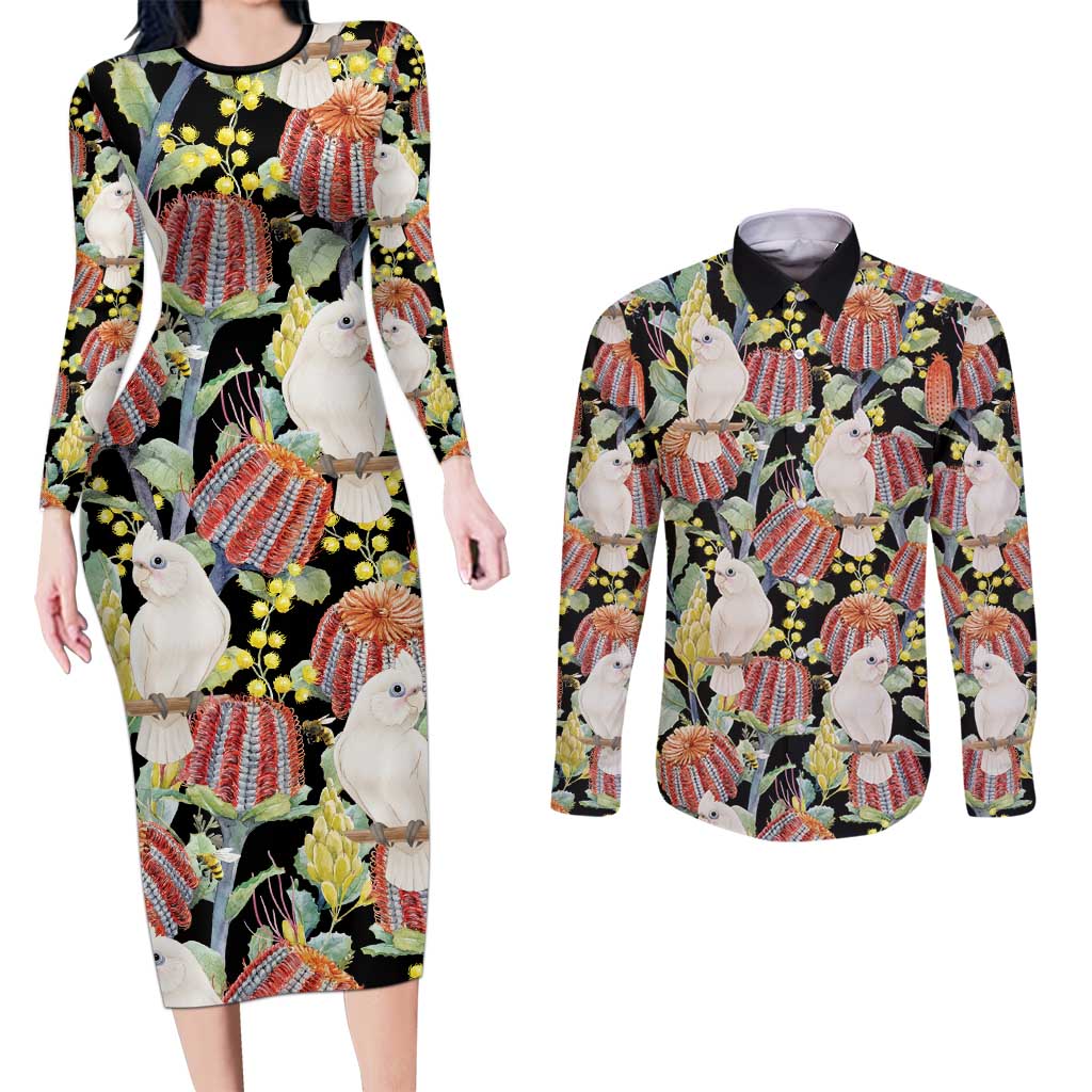 Little Corella Australia Cockatoo Couples Matching Long Sleeve Bodycon Dress and Long Sleeve Button Shirt Cacatua Sanguinea Banksia Seamless Black - Aussie Hoodie