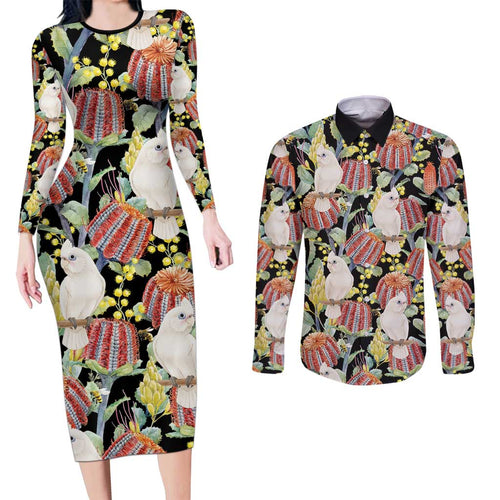 Little Corella Australia Cockatoo Couples Matching Long Sleeve Bodycon Dress and Long Sleeve Button Shirt Cacatua Sanguinea Banksia Seamless Black - Aussie Hoodie