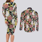 Little Corella Australia Cockatoo Couples Matching Long Sleeve Bodycon Dress and Long Sleeve Button Shirt Cacatua Sanguinea Banksia Seamless Black - Aussie Hoodie