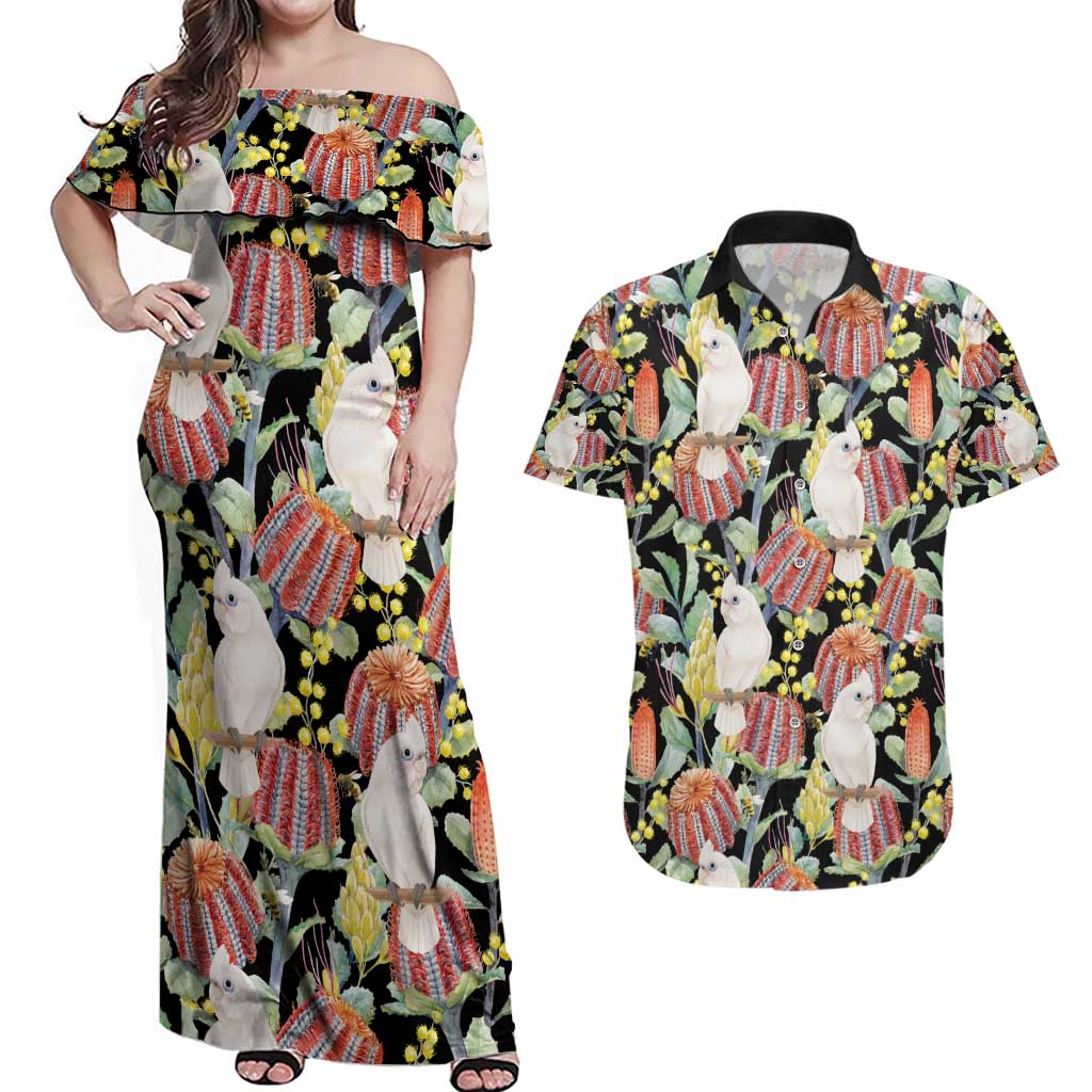 Little Corella Australia Cockatoo Couples Matching Off Shoulder Maxi Dress and Hawaiian Shirt Cacatua Sanguinea Banksia Seamless Black - Aussie Hoodie