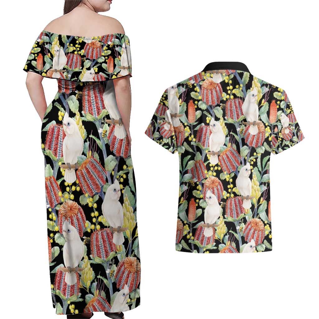 Little Corella Australia Cockatoo Couples Matching Off Shoulder Maxi Dress and Hawaiian Shirt Cacatua Sanguinea Banksia Seamless Black - Aussie Hoodie