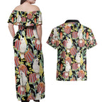 Little Corella Australia Cockatoo Couples Matching Off Shoulder Maxi Dress and Hawaiian Shirt Cacatua Sanguinea Banksia Seamless Black - Aussie Hoodie