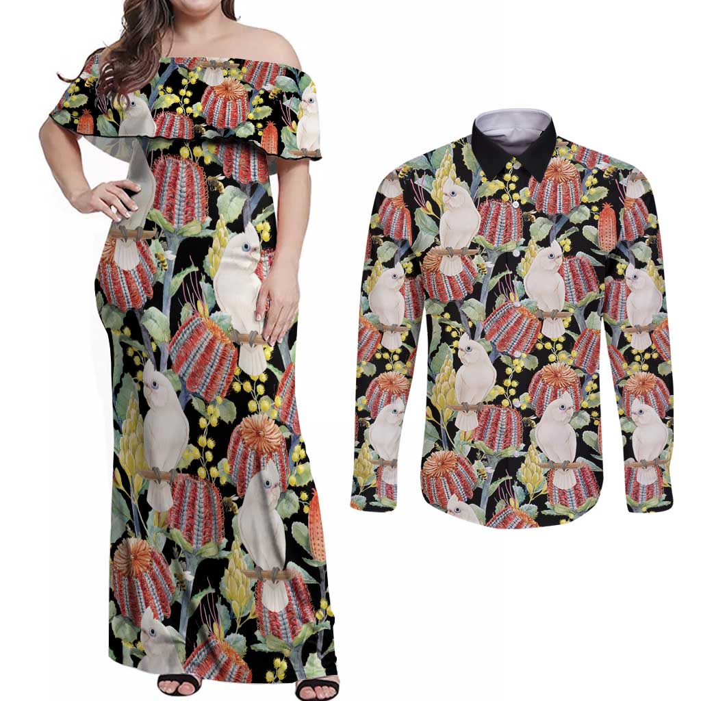 Little Corella Australia Cockatoo Couples Matching Off Shoulder Maxi Dress and Long Sleeve Button Shirt Cacatua Sanguinea Banksia Seamless Black - Aussie Hoodie