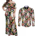 Little Corella Australia Cockatoo Couples Matching Off Shoulder Maxi Dress and Long Sleeve Button Shirt Cacatua Sanguinea Banksia Seamless Black - Aussie Hoodie