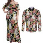 Little Corella Australia Cockatoo Couples Matching Off Shoulder Maxi Dress and Long Sleeve Button Shirt Cacatua Sanguinea Banksia Seamless Black - Aussie Hoodie