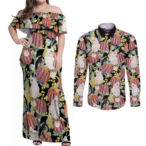 Little Corella Australia Cockatoo Couples Matching Off Shoulder Maxi Dress and Long Sleeve Button Shirt Cacatua Sanguinea Banksia Seamless Black - Aussie Hoodie
