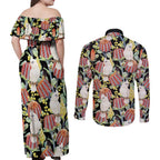 Little Corella Australia Cockatoo Couples Matching Off Shoulder Maxi Dress and Long Sleeve Button Shirt Cacatua Sanguinea Banksia Seamless Black - Aussie Hoodie