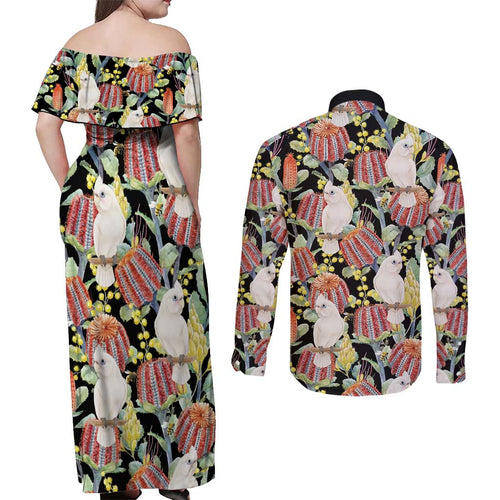Little Corella Australia Cockatoo Couples Matching Off Shoulder Maxi Dress and Long Sleeve Button Shirt Cacatua Sanguinea Banksia Seamless Black - Aussie Hoodie