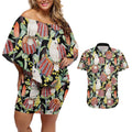 Little Corella Australia Cockatoo Couples Matching Off Shoulder Short Dress and Hawaiian Shirt Cacatua Sanguinea Banksia Seamless Black - Aussie Hoodie