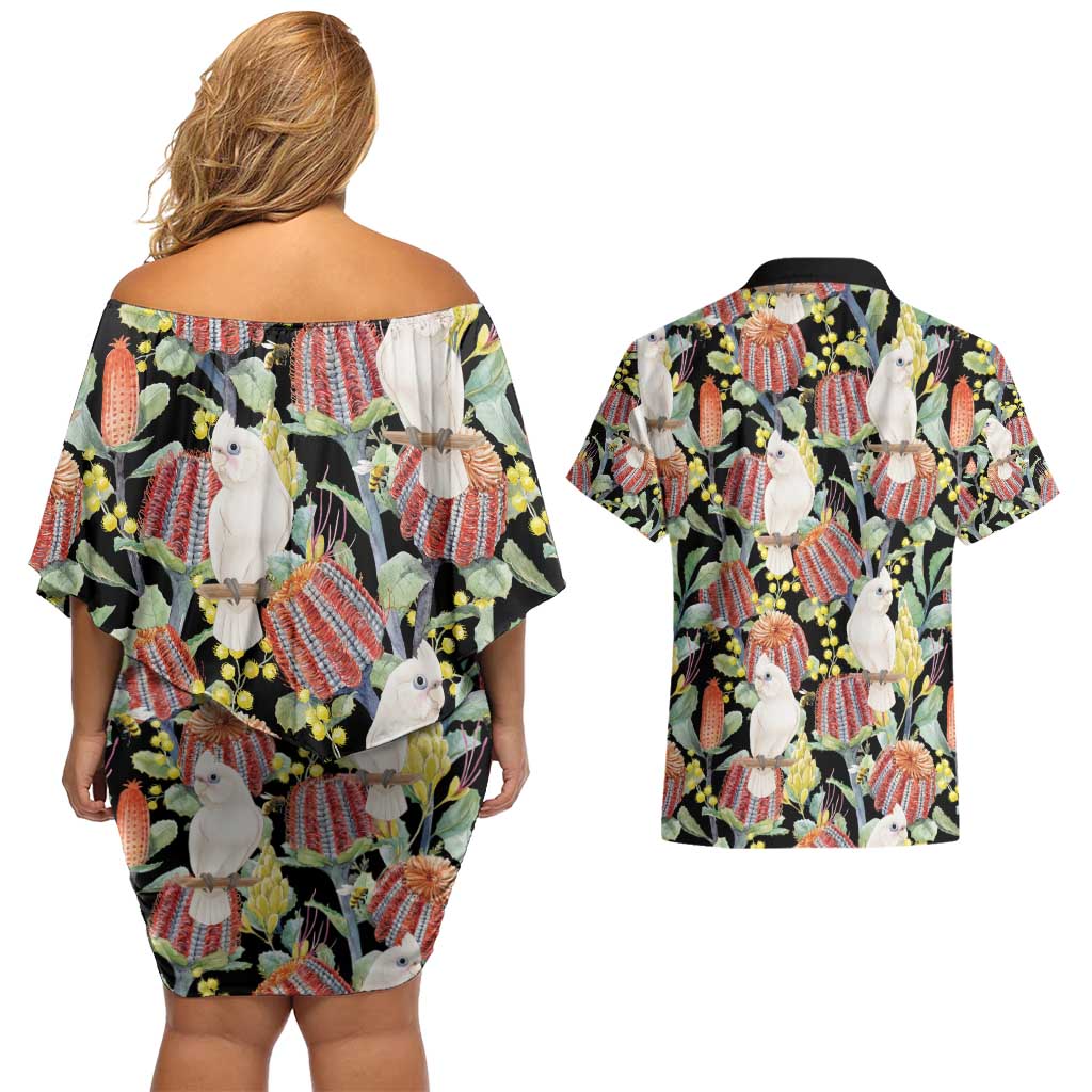 Little Corella Australia Cockatoo Couples Matching Off Shoulder Short Dress and Hawaiian Shirt Cacatua Sanguinea Banksia Seamless Black - Aussie Hoodie