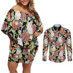 Little Corella Australia Cockatoo Couples Matching Off Shoulder Short Dress and Long Sleeve Button Shirt Cacatua Sanguinea Banksia Seamless Black - Aussie Hoodie
