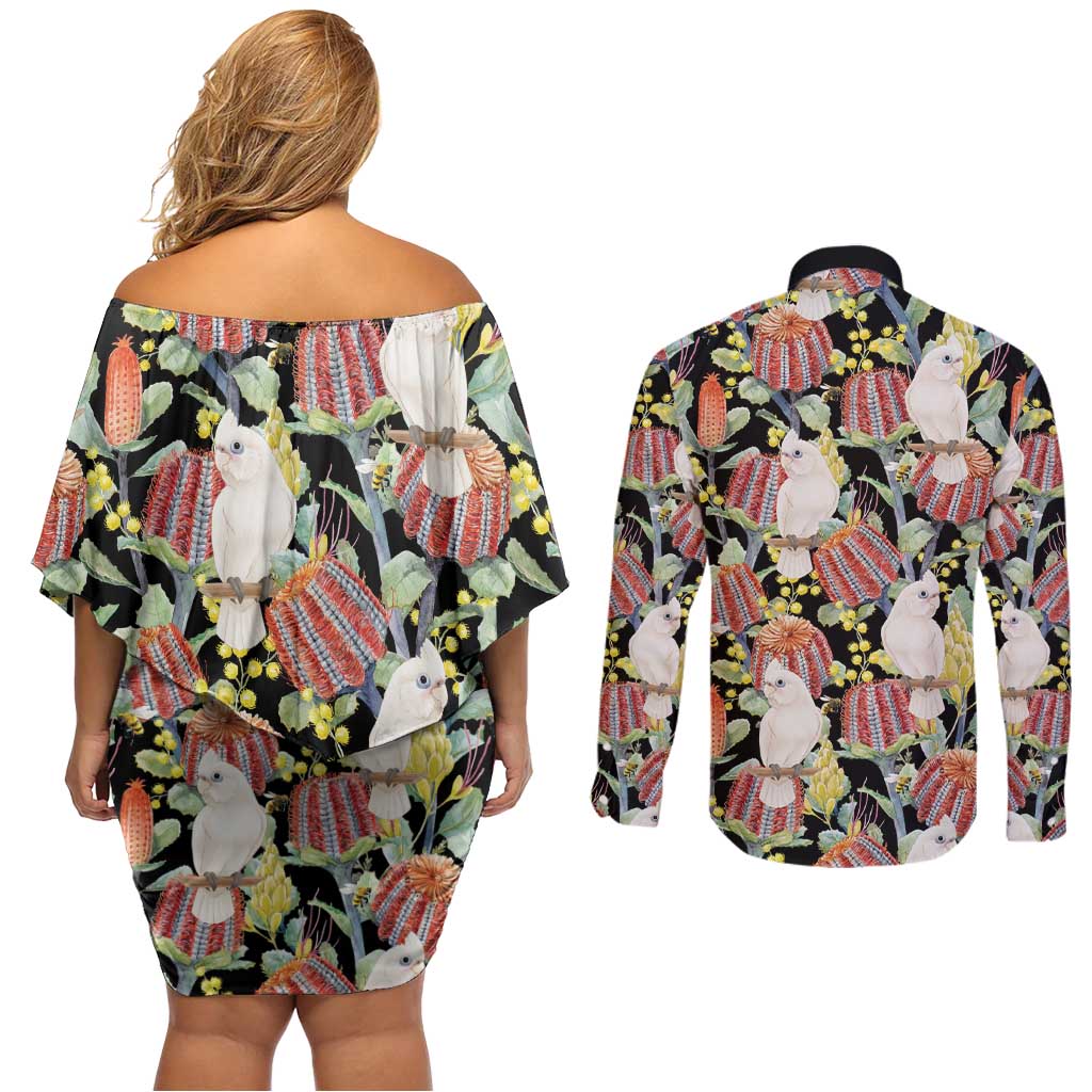 Little Corella Australia Cockatoo Couples Matching Off Shoulder Short Dress and Long Sleeve Button Shirt Cacatua Sanguinea Banksia Seamless Black - Aussie Hoodie