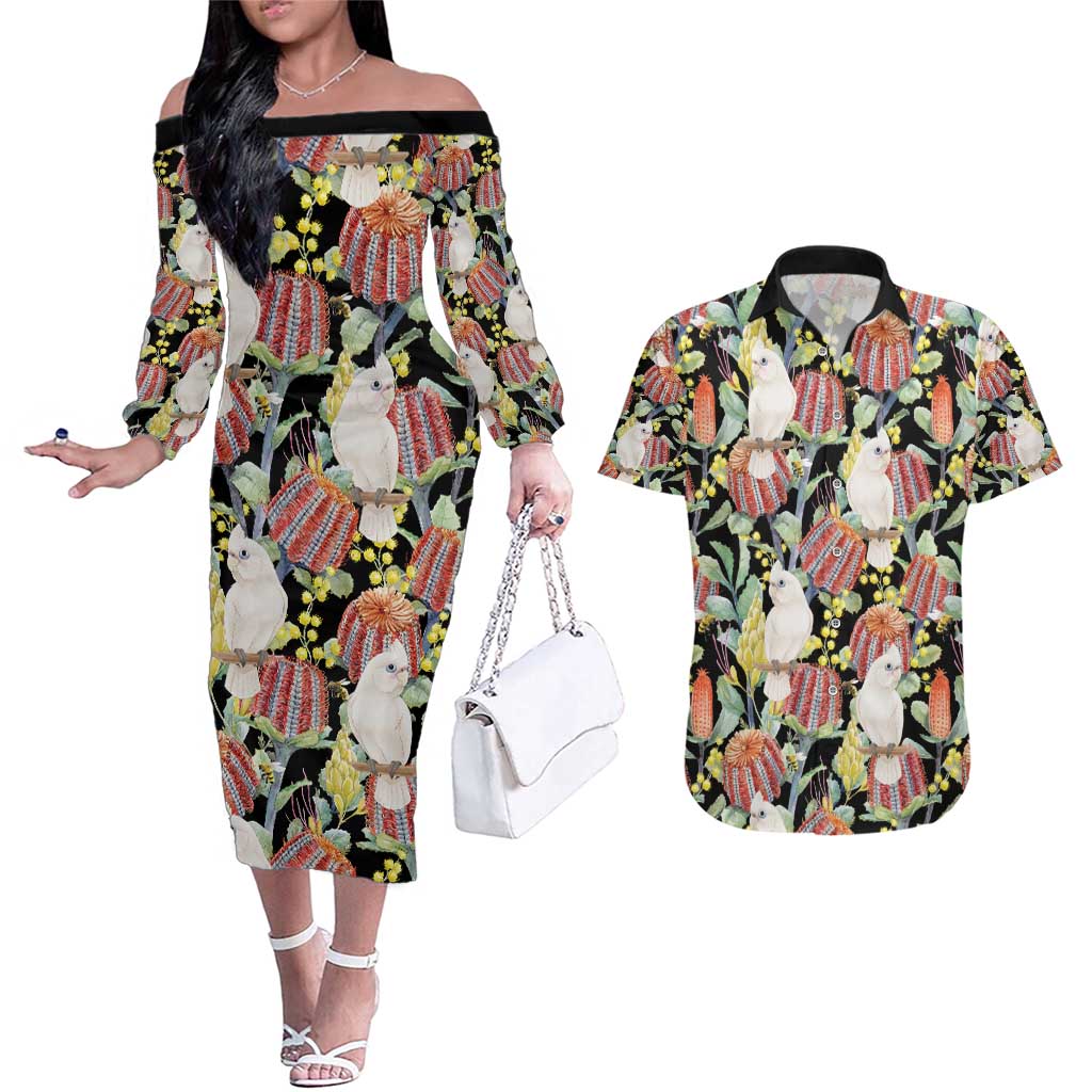 Little Corella Australia Cockatoo Couples Matching Off The Shoulder Long Sleeve Dress and Hawaiian Shirt Cacatua Sanguinea Banksia Seamless Black - Aussie Hoodie