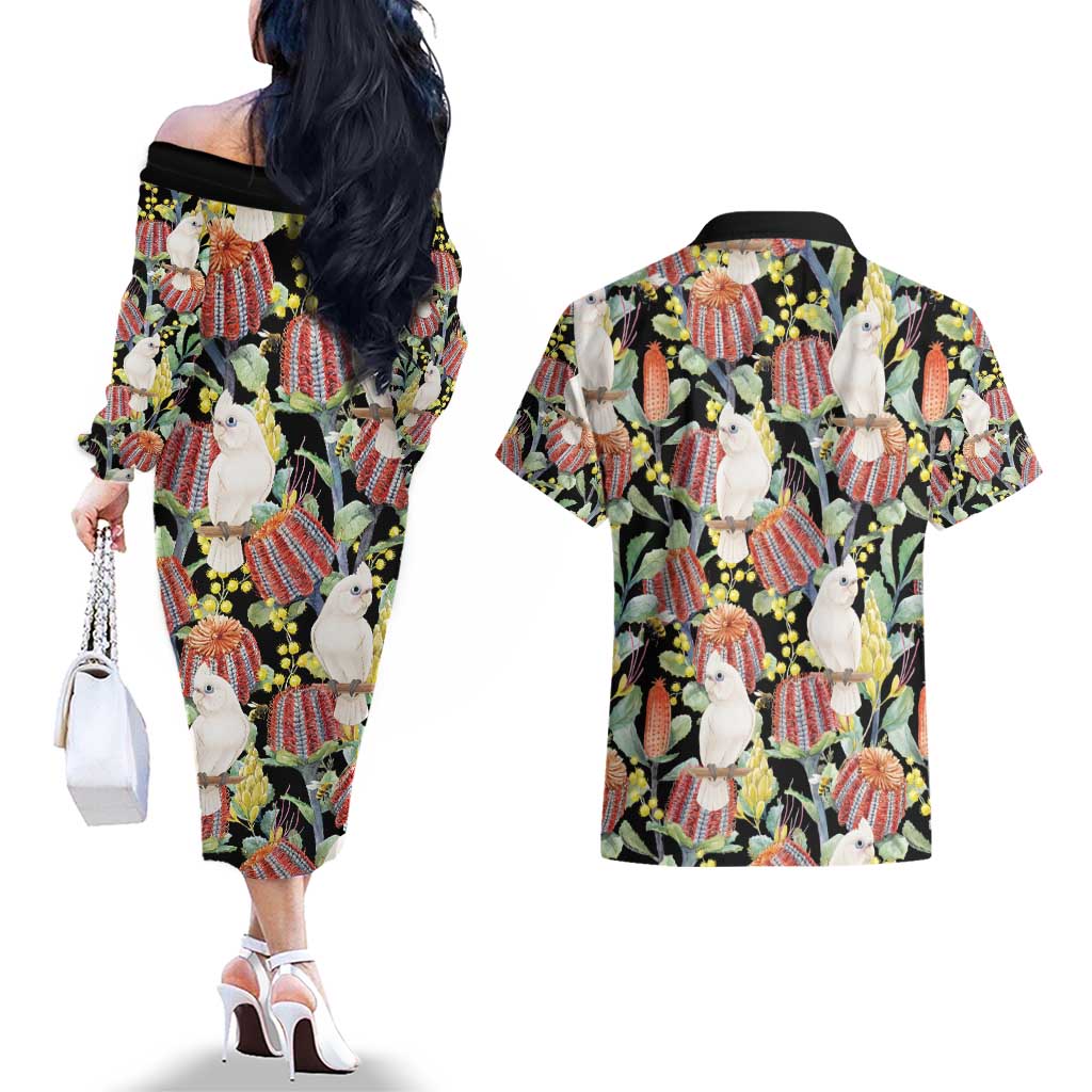 Little Corella Australia Cockatoo Couples Matching Off The Shoulder Long Sleeve Dress and Hawaiian Shirt Cacatua Sanguinea Banksia Seamless Black - Aussie Hoodie