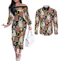 Little Corella Australia Cockatoo Couples Matching Off The Shoulder Long Sleeve Dress and Long Sleeve Button Shirt Cacatua Sanguinea Banksia Seamless Black - Aussie Hoodie