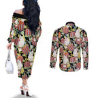 Little Corella Australia Cockatoo Couples Matching Off The Shoulder Long Sleeve Dress and Long Sleeve Button Shirt Cacatua Sanguinea Banksia Seamless Black - Aussie Hoodie