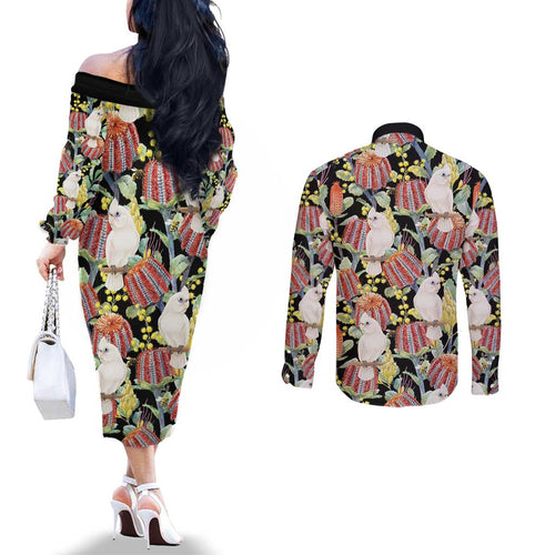 Little Corella Australia Cockatoo Couples Matching Off The Shoulder Long Sleeve Dress and Long Sleeve Button Shirt Cacatua Sanguinea Banksia Seamless Black - Aussie Hoodie