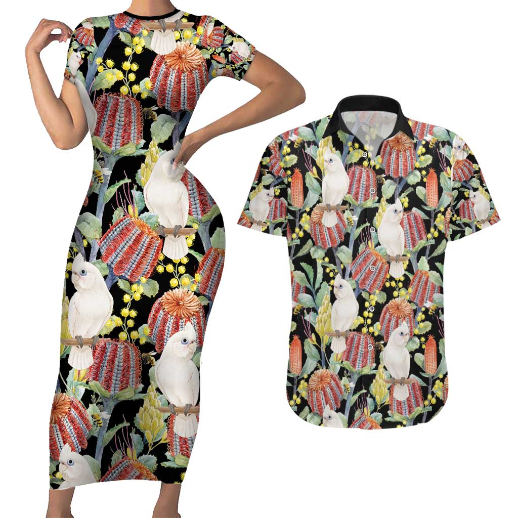Little Corella Australia Cockatoo Couples Matching Short Sleeve Bodycon Dress and Hawaiian Shirt Cacatua Sanguinea Banksia Seamless Black - Aussie Hoodie