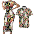 Little Corella Australia Cockatoo Couples Matching Short Sleeve Bodycon Dress and Hawaiian Shirt Cacatua Sanguinea Banksia Seamless Black - Aussie Hoodie