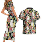 Little Corella Australia Cockatoo Couples Matching Short Sleeve Bodycon Dress and Hawaiian Shirt Cacatua Sanguinea Banksia Seamless Black - Aussie Hoodie