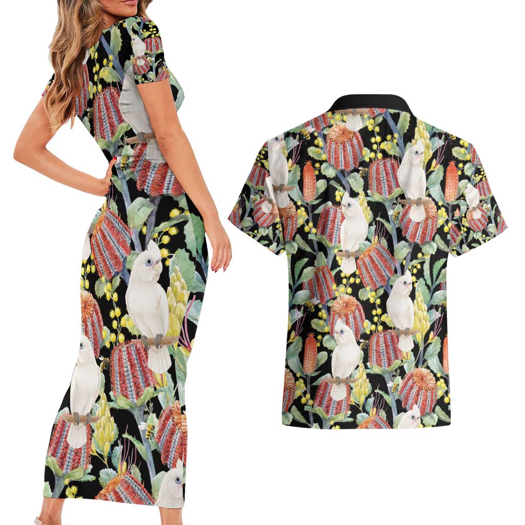 Little Corella Australia Cockatoo Couples Matching Short Sleeve Bodycon Dress and Hawaiian Shirt Cacatua Sanguinea Banksia Seamless Black - Aussie Hoodie