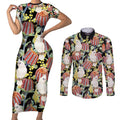Little Corella Australia Cockatoo Couples Matching Short Sleeve Bodycon Dress and Long Sleeve Button Shirt Cacatua Sanguinea Banksia Seamless Black - Aussie Hoodie